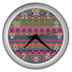 Boho Colorful Pattern Wall Clock (silver) by SpinnyChairDesigns