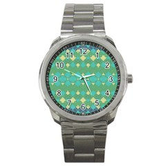 Boho Green Blue Checkered Sport Metal Watch by SpinnyChairDesigns