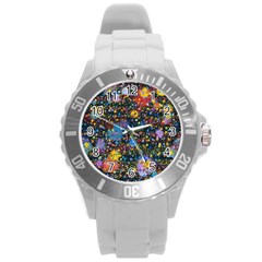 Abstract Paint Splatters Round Plastic Sport Watch (l) by SpinnyChairDesigns