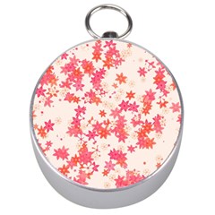 Vermilion And Coral Floral Print Silver Compasses by SpinnyChairDesigns