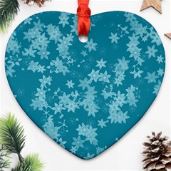 Teal Blue Floral Print Ornament (heart) by SpinnyChairDesigns