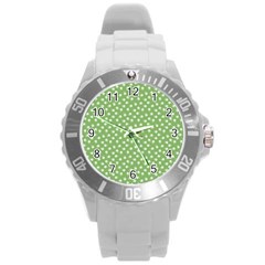 Spring Green White Floral Print Round Plastic Sport Watch (l) by SpinnyChairDesigns