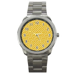 Saffron Yellow White Floral Pattern Sport Metal Watch by SpinnyChairDesigns