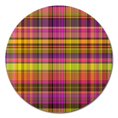 Pink Yellow Madras Plaid Magnet 5  (round) by SpinnyChairDesigns