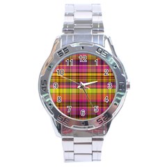 Pink Yellow Madras Plaid Stainless Steel Analogue Watch by SpinnyChairDesigns