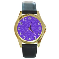 Violet Purple Butterfly Print Round Gold Metal Watch by SpinnyChairDesigns