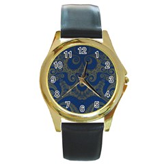 Navy Blue And Gold Swirls Round Gold Metal Watch by SpinnyChairDesigns