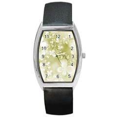 Olive Green With White Flowers Barrel Style Metal Watch by SpinnyChairDesigns