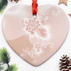 Tan White Floral Print Ornament (heart) by SpinnyChairDesigns