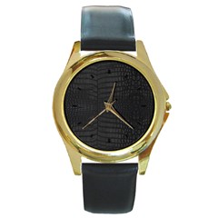 Black Crocodile Skin Round Gold Metal Watch by LoolyElzayat