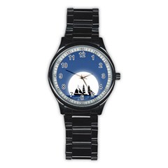 Boat Silhouette Moon Sailing Stainless Steel Round Watch