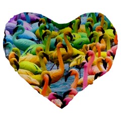 Rainbow Flamingos Large 19  Premium Flano Heart Shape Cushions by Sparkle