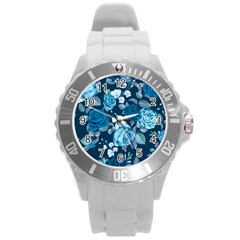 Blue Floral Print  Round Plastic Sport Watch (l) by designsbymallika