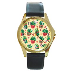 Cactus Love  Round Gold Metal Watch by designsbymallika