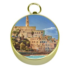 Old Jaffa Cityscape, Israel Gold Compasses by dflcprintsclothing