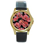 Red flowers Round Gold Metal Watch Front