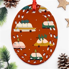 Cute Merry Christmas And Happy New Seamless Pattern With Cars Carrying Christmas Trees Ornament (oval Filigree) by EvgeniiaBychkova