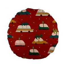 Cute Merry Christmas And Happy New Seamless Pattern With Cars Carrying Christmas Trees Standard 15  Premium Flano Round Cushions by EvgeniiaBychkova