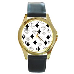 Black & Gold Diamond Design Round Gold Metal Watch by ArtsyWishy