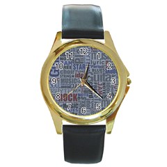 Dark Denim With Letters Round Gold Metal Watch by ArtsyWishy