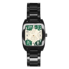 Green Monstera Leaf Illustrations Stainless Steel Barrel Watch