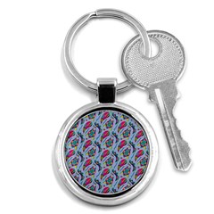 Blue Paisley Print Key Chain (round) by designsbymallika