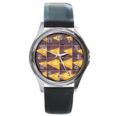 Yellow, Traffic, Cone, Arrow, Cracks, Asphalt  Round Metal Watch by ScottFreeArt