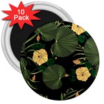 Tropical vintage yellow hibiscus floral green leaves seamless pattern black background. 3  Magnets (10 pack)  Front