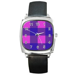 Blue And Pink Buffalo Plaid Check Squares Pattern Square Metal Watch by yoursparklingshop