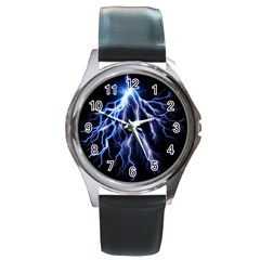 Blue Lightning At Night, Modern Graphic Art  Round Metal Watch by picsaspassion