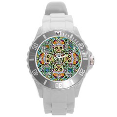 Sugar Skulls Pattern Round Plastic Sport Watch (l) by ExtraGoodSauce