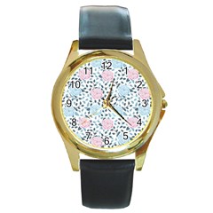 Cute Light Pink And Blue Modern Rose Pattern Round Gold Metal Watch by Grafftimi