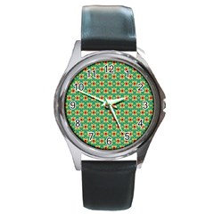 Green Floral Pattern Round Metal Watch by designsbymallika