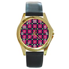 Pattern Of Hearts Round Gold Metal Watch by SychEva