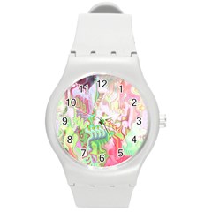 Boho Hippie Trippy Psychedelic Abstract Hot Pink Lime Green Round Plastic Sport Watch (m) by CrypticFragmentsDesign