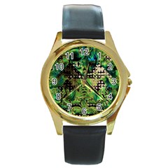 Peacocks And Pyramids Round Gold Metal Watch by MRNStudios