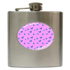 Blue Butterflies At Pastel Pink Color Background Hip Flask (6 Oz) by Casemiro