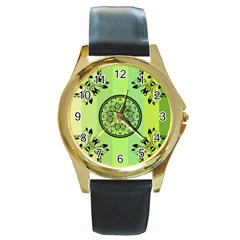 Green Grid Cute Flower Mandala Round Gold Metal Watch