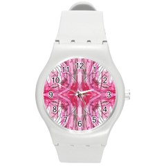 Magenta Marbling Symmetry Round Plastic Sport Watch (m) by kaleidomarblingart