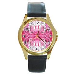 Magenta Symmetry Iv Round Gold Metal Watch by kaleidomarblingart