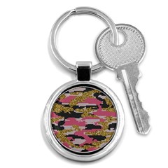 Abstract Glitter Gold, Black And Pink Camo Key Chain (round) by AnkouArts