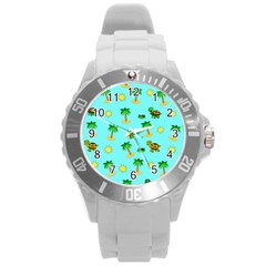 Turtle And Palm On Blue Pattern Round Plastic Sport Watch (l) by Daria3107