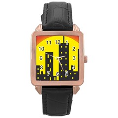 Skyline-city-building-sunset Rose Gold Leather Watch  by Sudhe