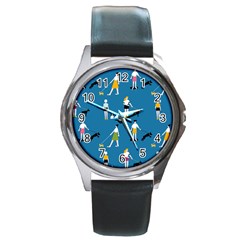 Girls Walk With Their Dogs Round Metal Watch by SychEva