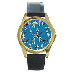 Girls Walk With Their Dogs Round Gold Metal Watch by SychEva