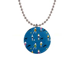 Girls Walk With Their Dogs 1  Button Necklace by SychEva