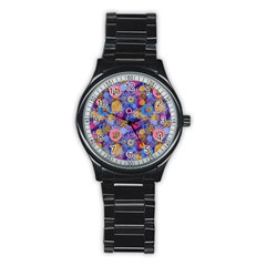 Multicolored Splashes And Watercolor Circles On A Dark Background Stainless Steel Round Watch by SychEva