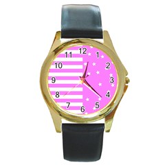 Saturated Pink Lines And Stars Pattern, Geometric Theme Round Gold Metal Watch by Casemiro