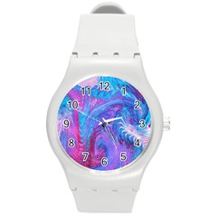 Blue On Violet Feathers Round Plastic Sport Watch (m) by kaleidomarblingart