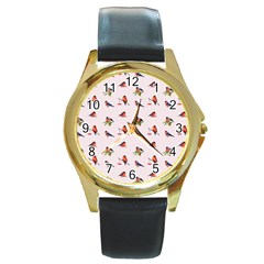 Bullfinches Sit On Branches Round Gold Metal Watch by SychEva